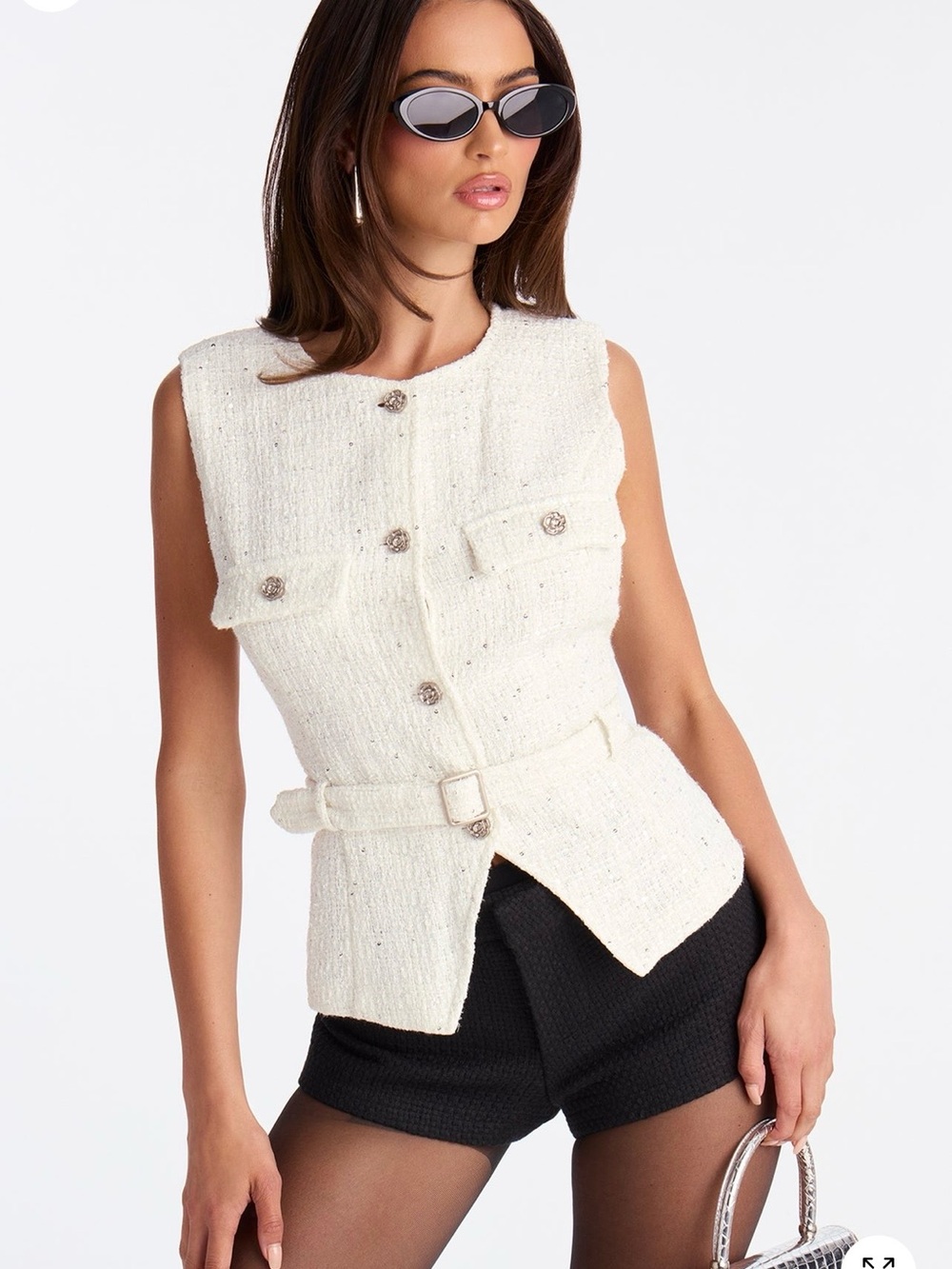Fashion Nova Off-White Tweed Vest with Silver Floral Buttons